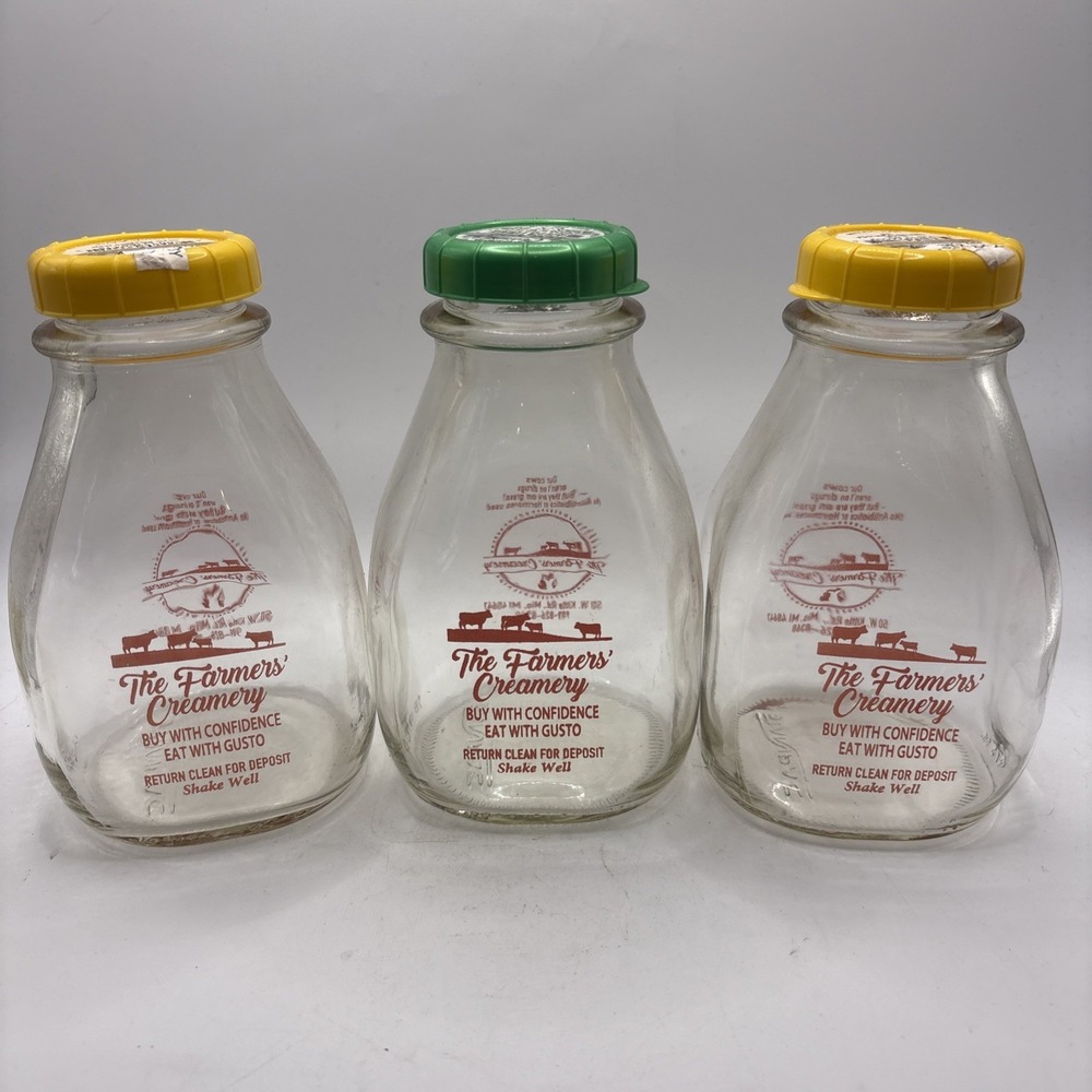 Vtg The Farmers'‎ Creamery Glass Milk Bottles Mio Michigan Lot Of 3 Farmhouse